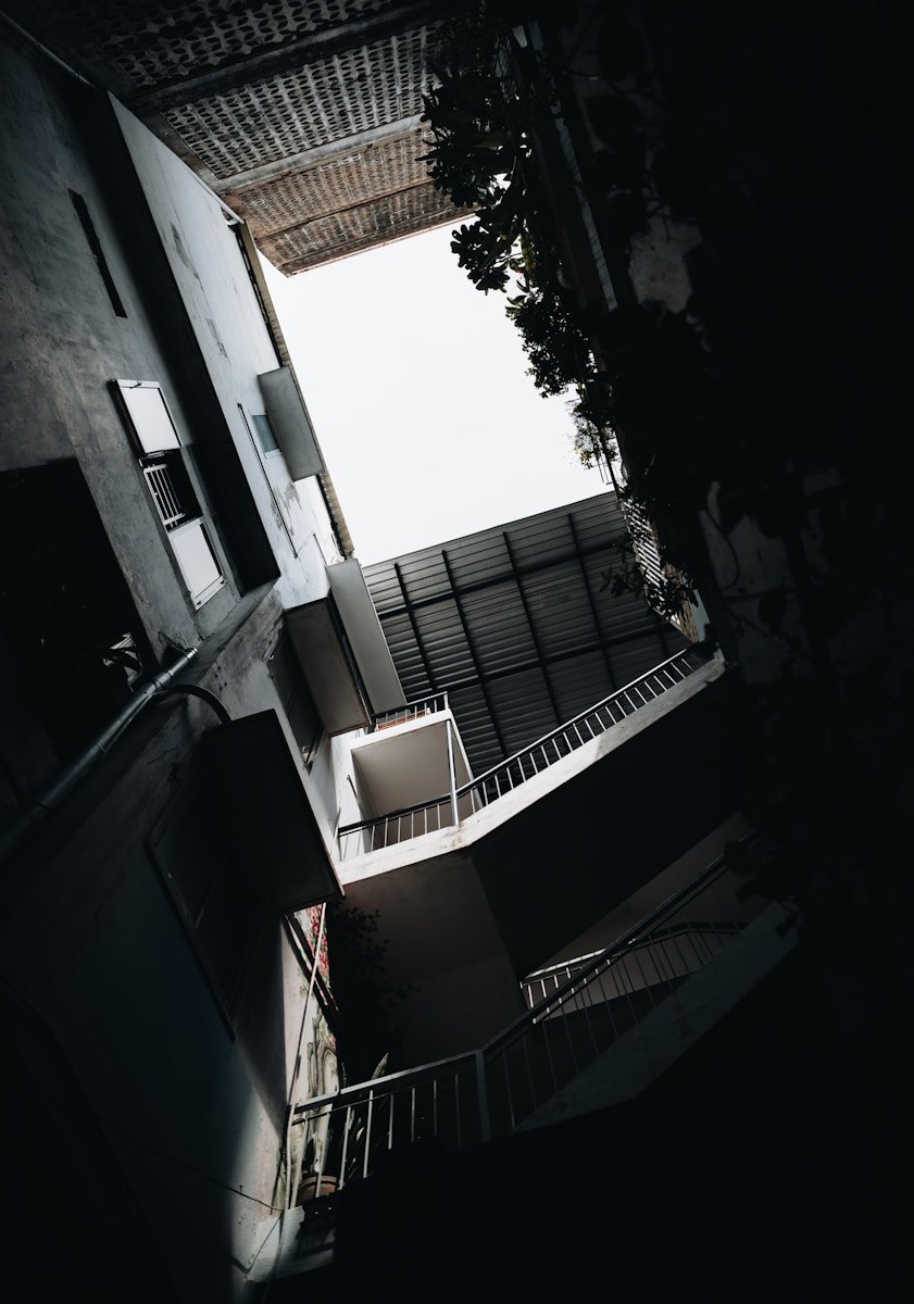 A staircase leading to a second story of a building