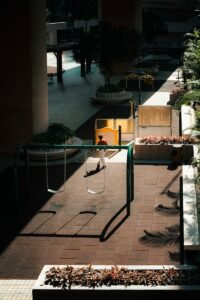 A view of a courtyard from a high building